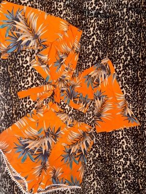 Orange Tropical Two-Piece Crop Top & Shorts Set